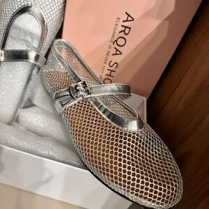 ARQ Silver Metallic Mesh Mary Jane Flats